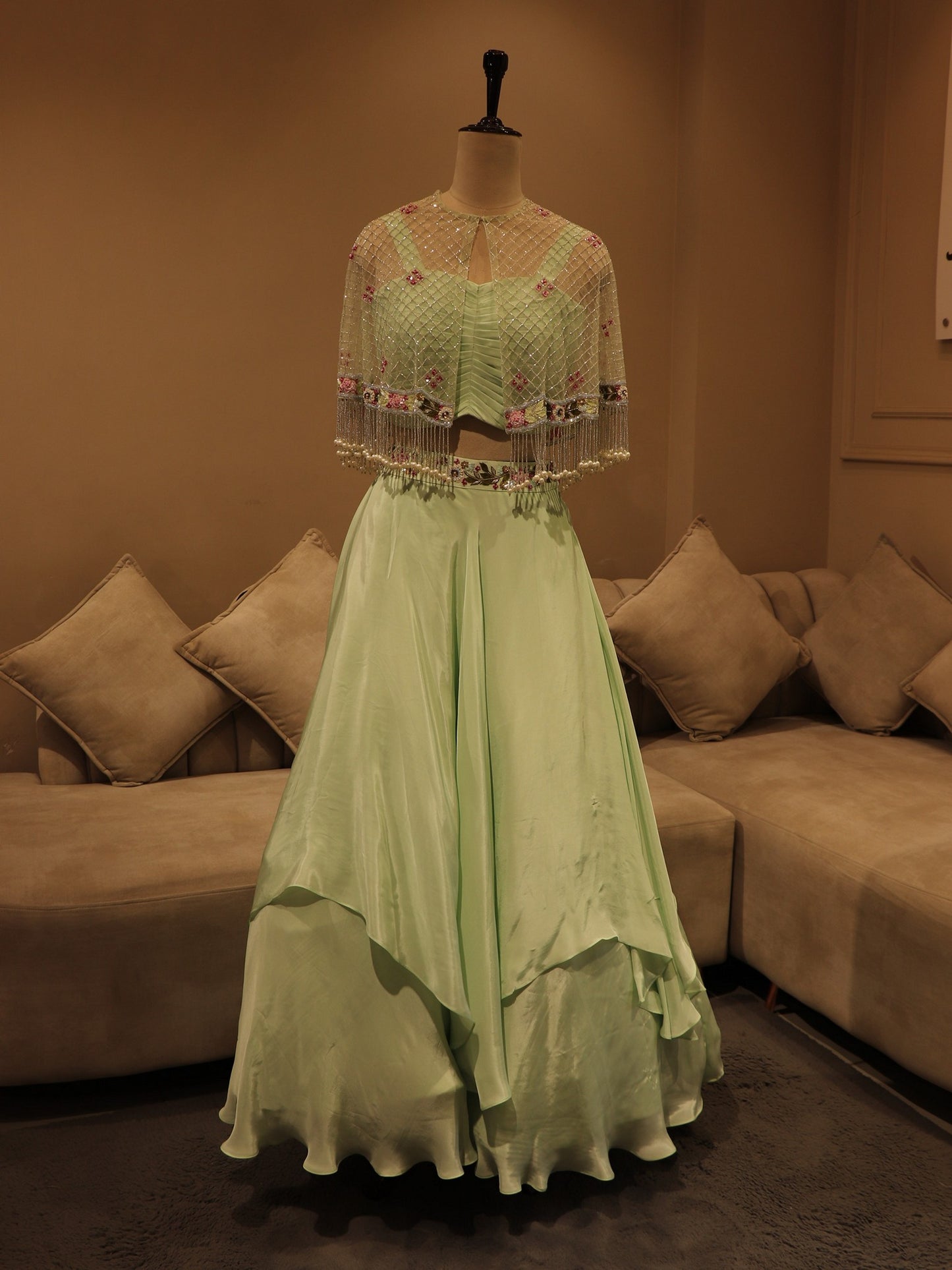 Sea green crop top cape with skirt