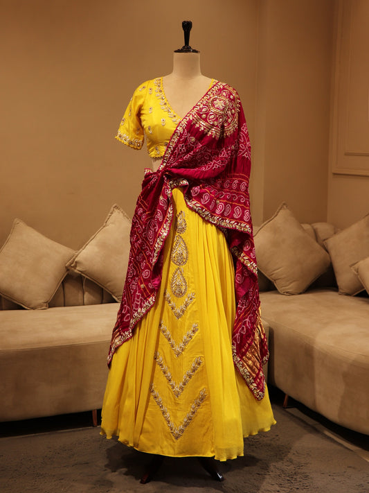 Lemon yellow bandhej lehenga set