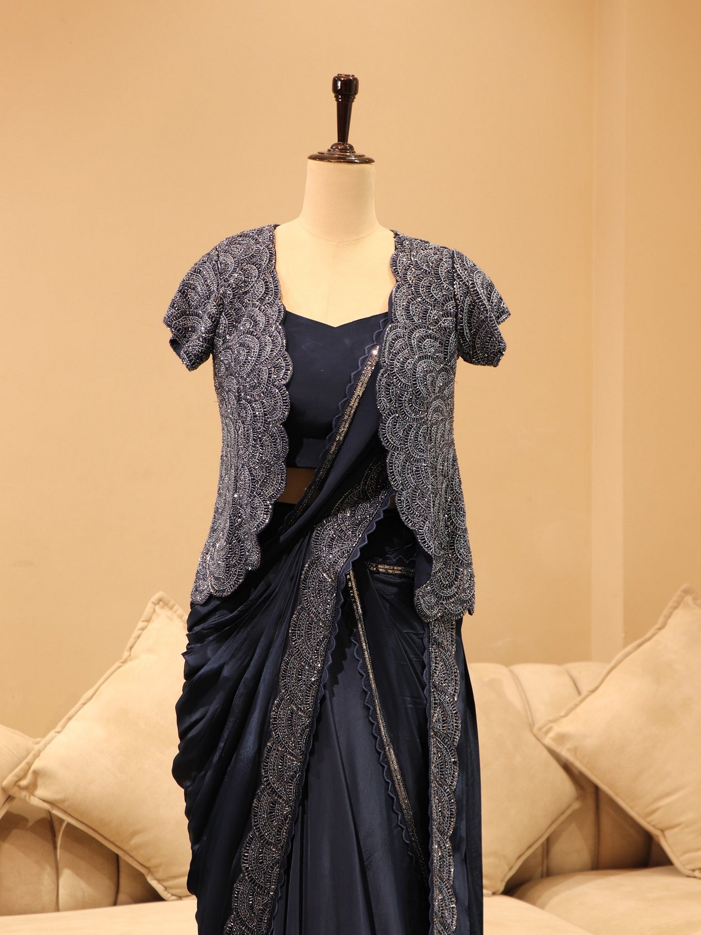 Navy blue drape saree