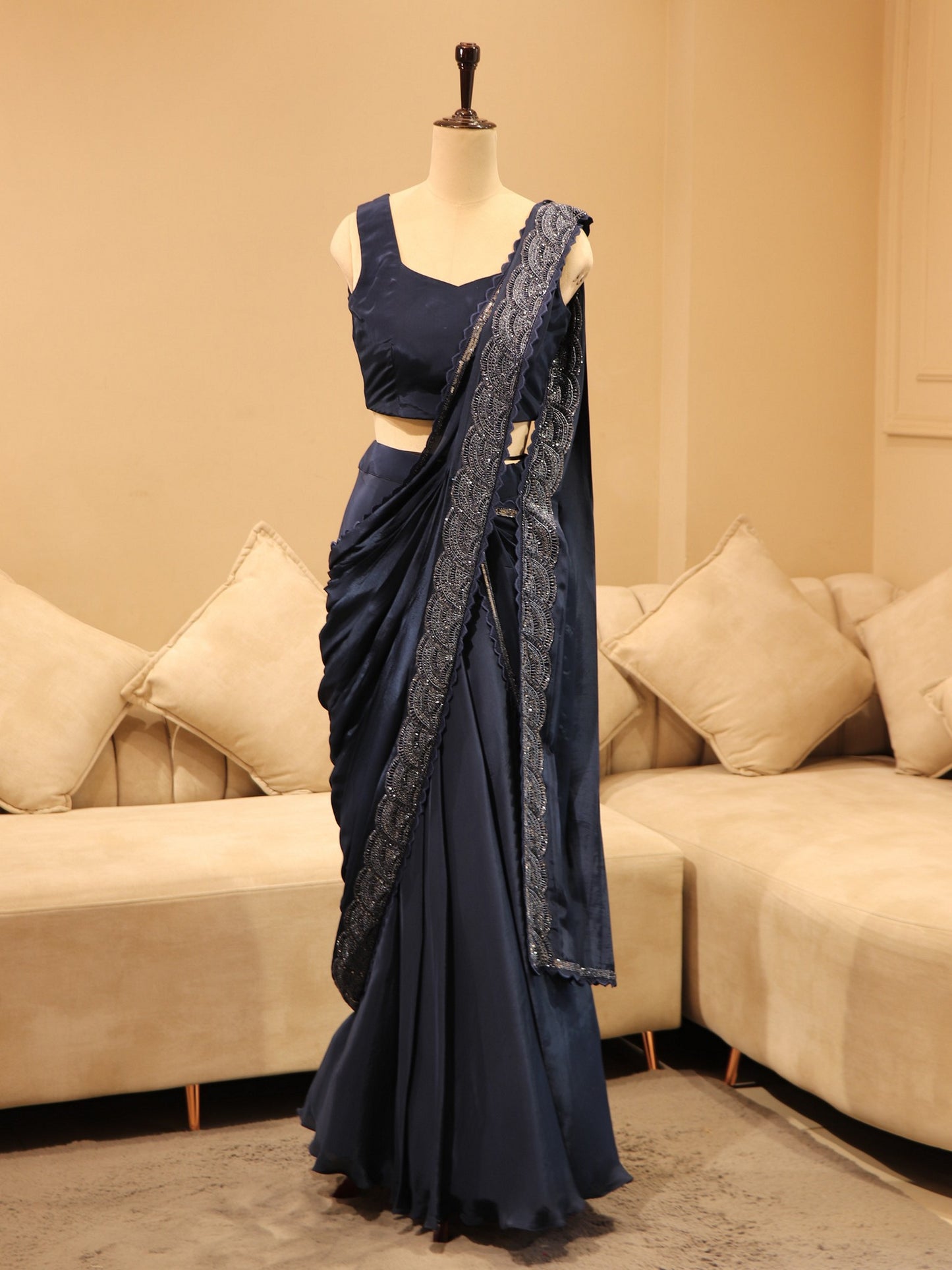 Navy blue drape saree