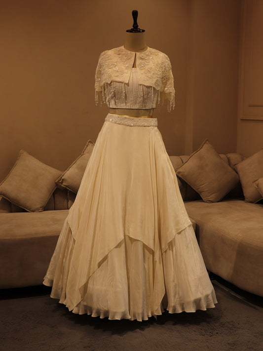 Pearl white crop top skirt cape