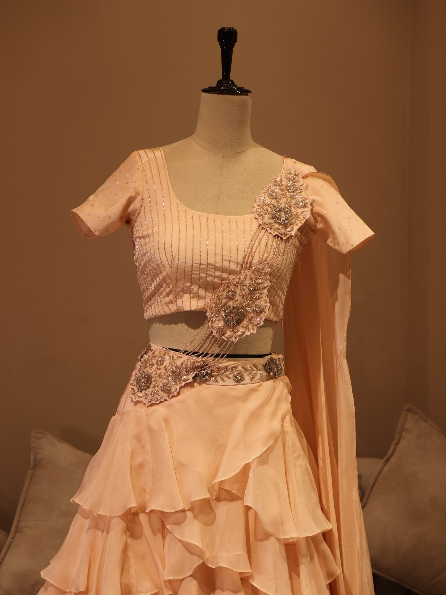 Peach frill embroidered lehenga