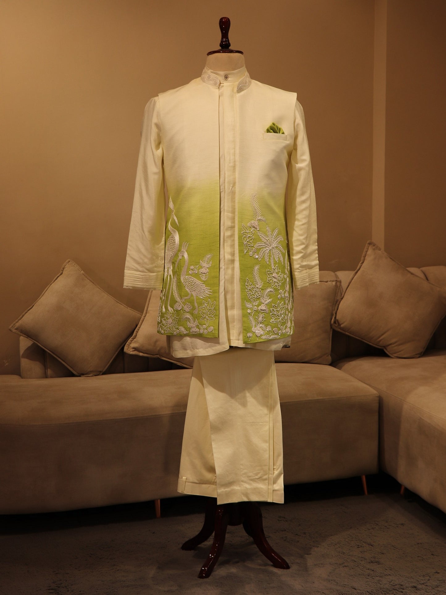 Off white green shaded mens indo western