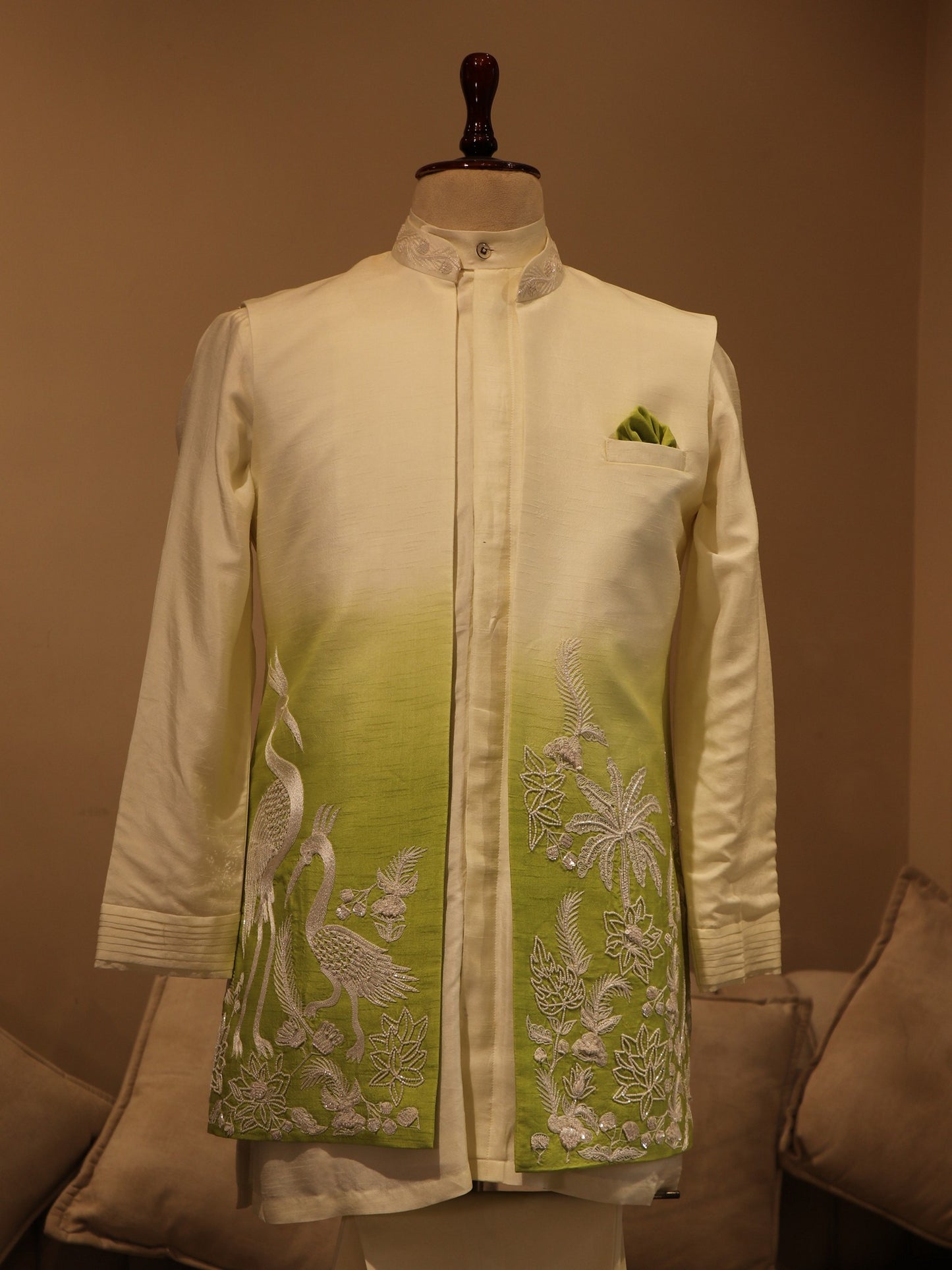 Off white green shaded mens indo western