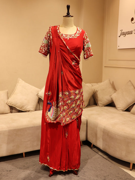 Red peacock zardosi pre drape saree