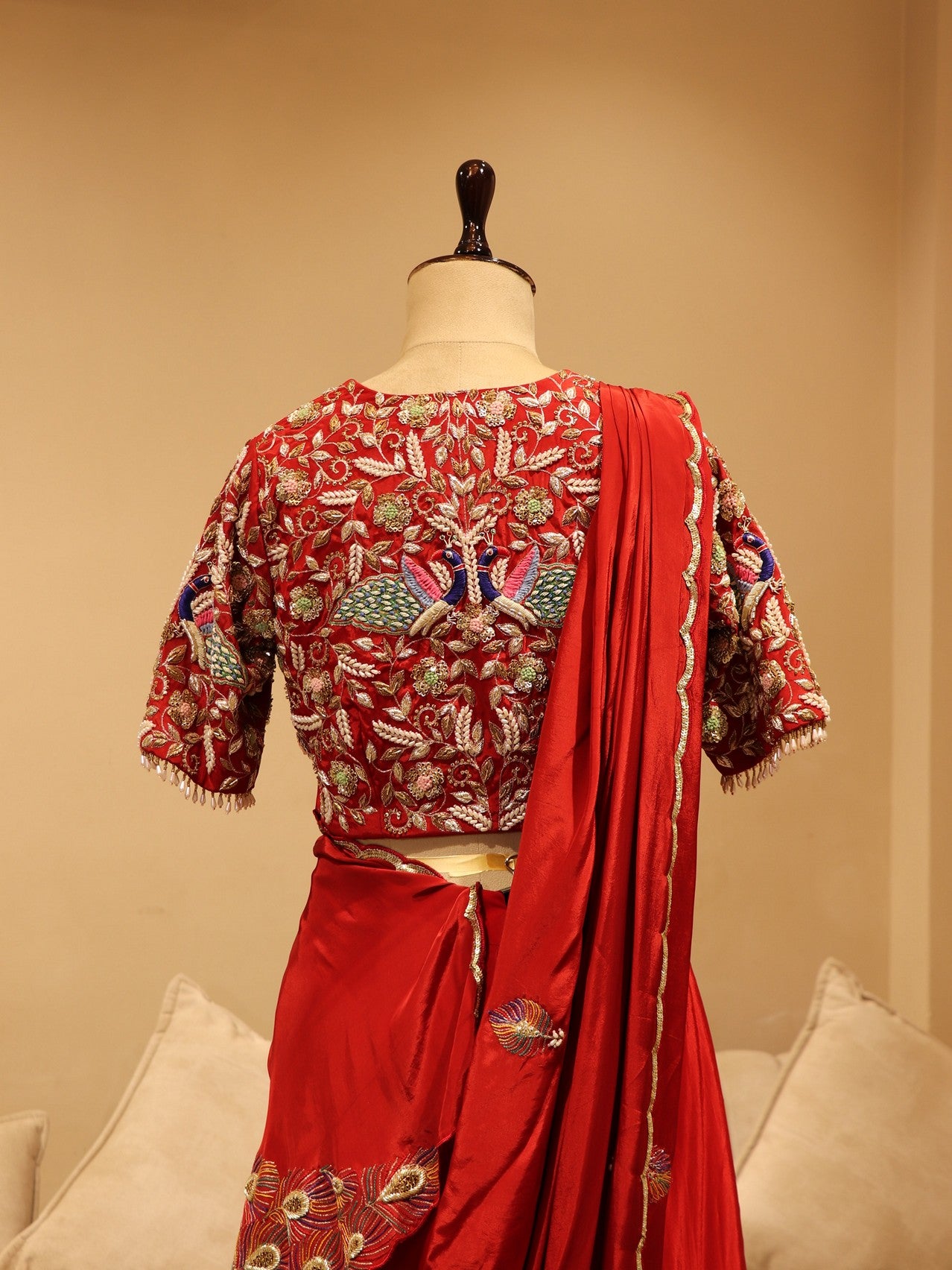 Red peacock zardosi pre drape saree