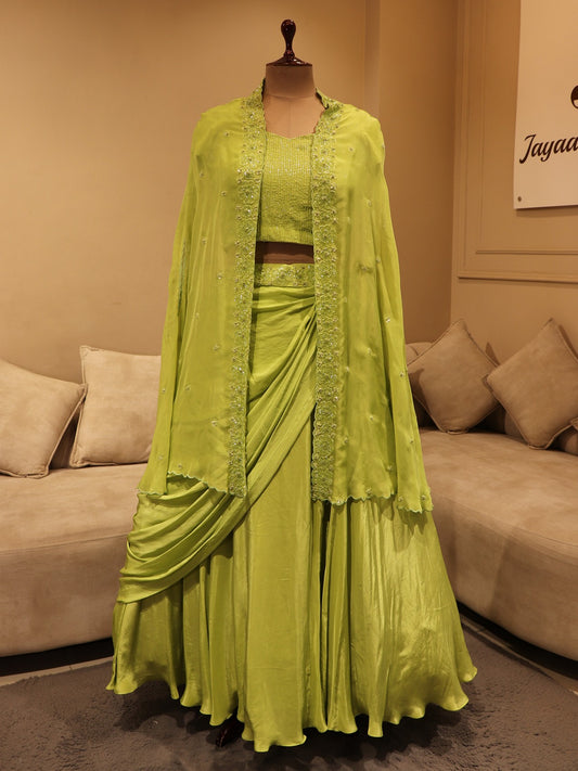 Parrot green cape with crop top skirt