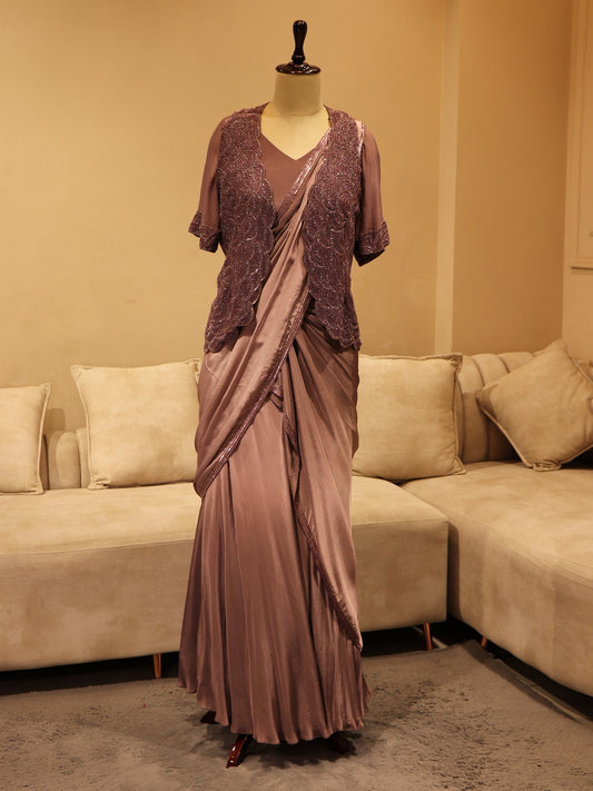 Mauve shaded drape saree with shrug