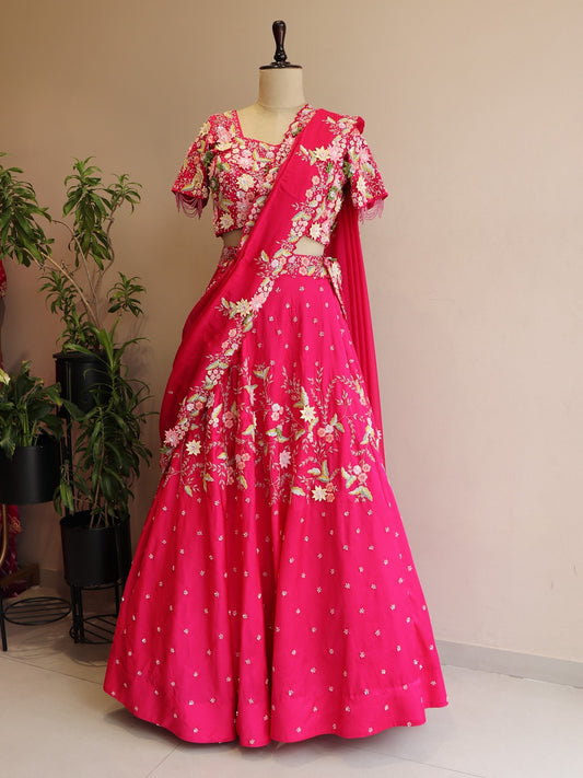 Hot pink 3d flowers embroidered lehenga set