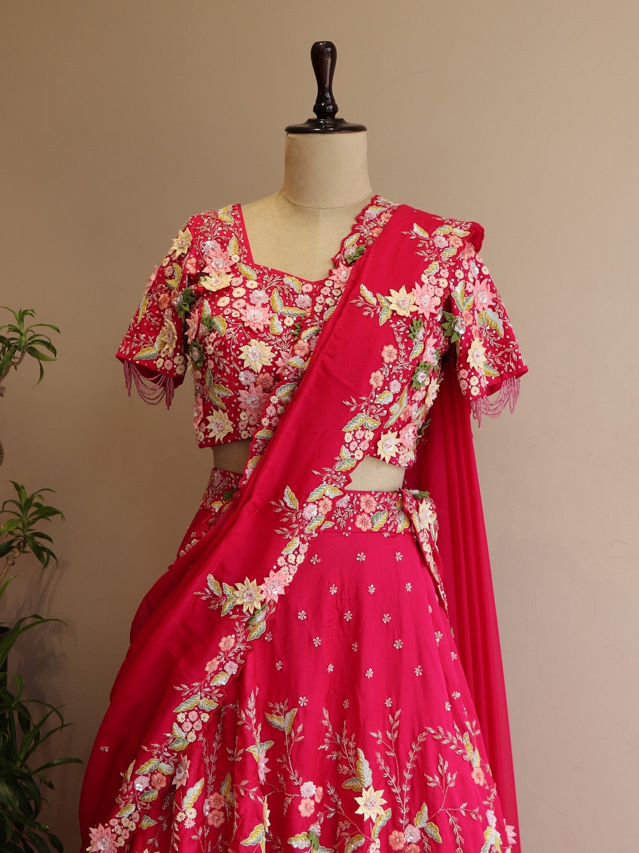 Hot pink 3d flowers embroidered lehenga set