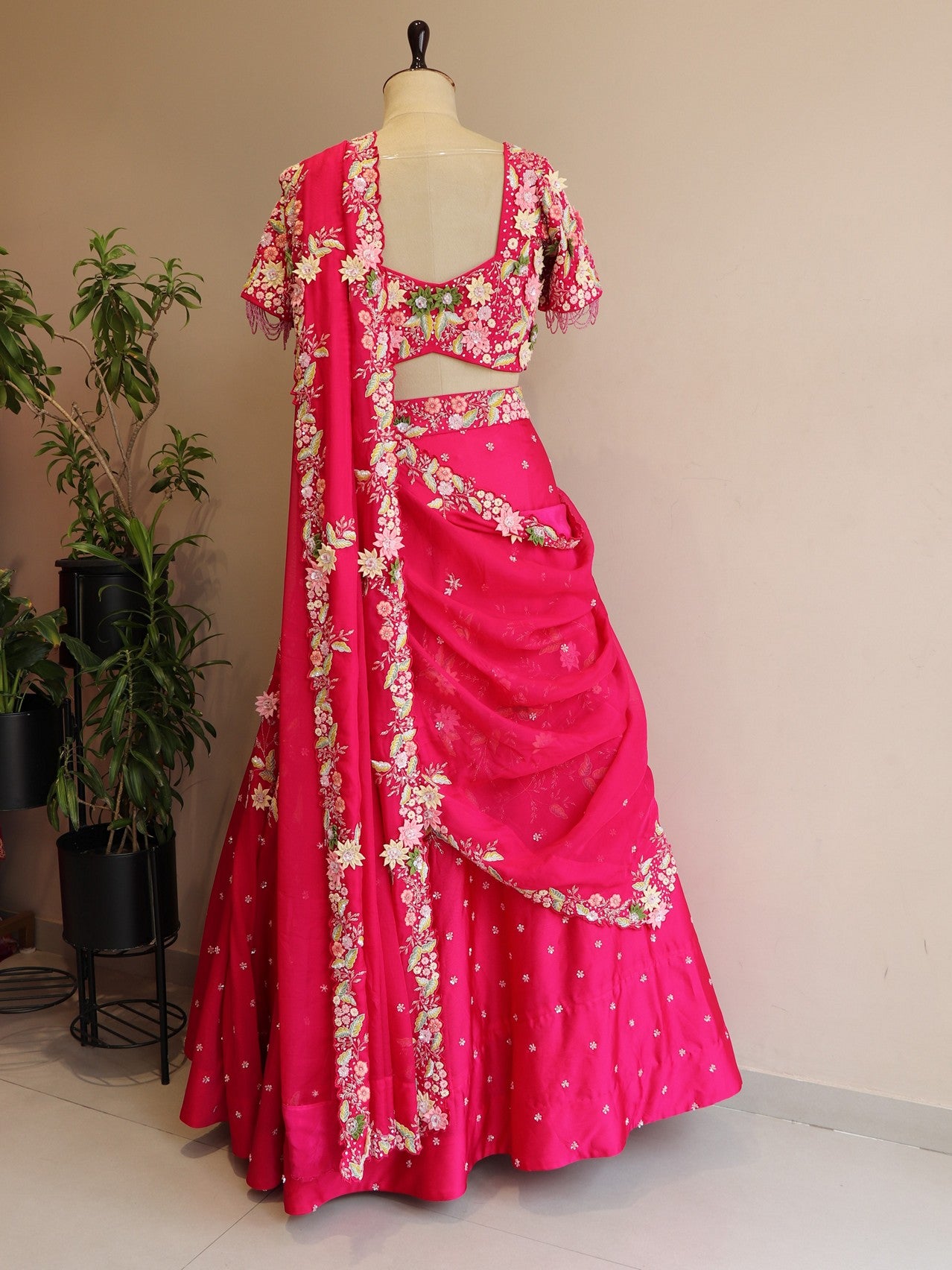 Hot pink 3d flowers embroidered lehenga set