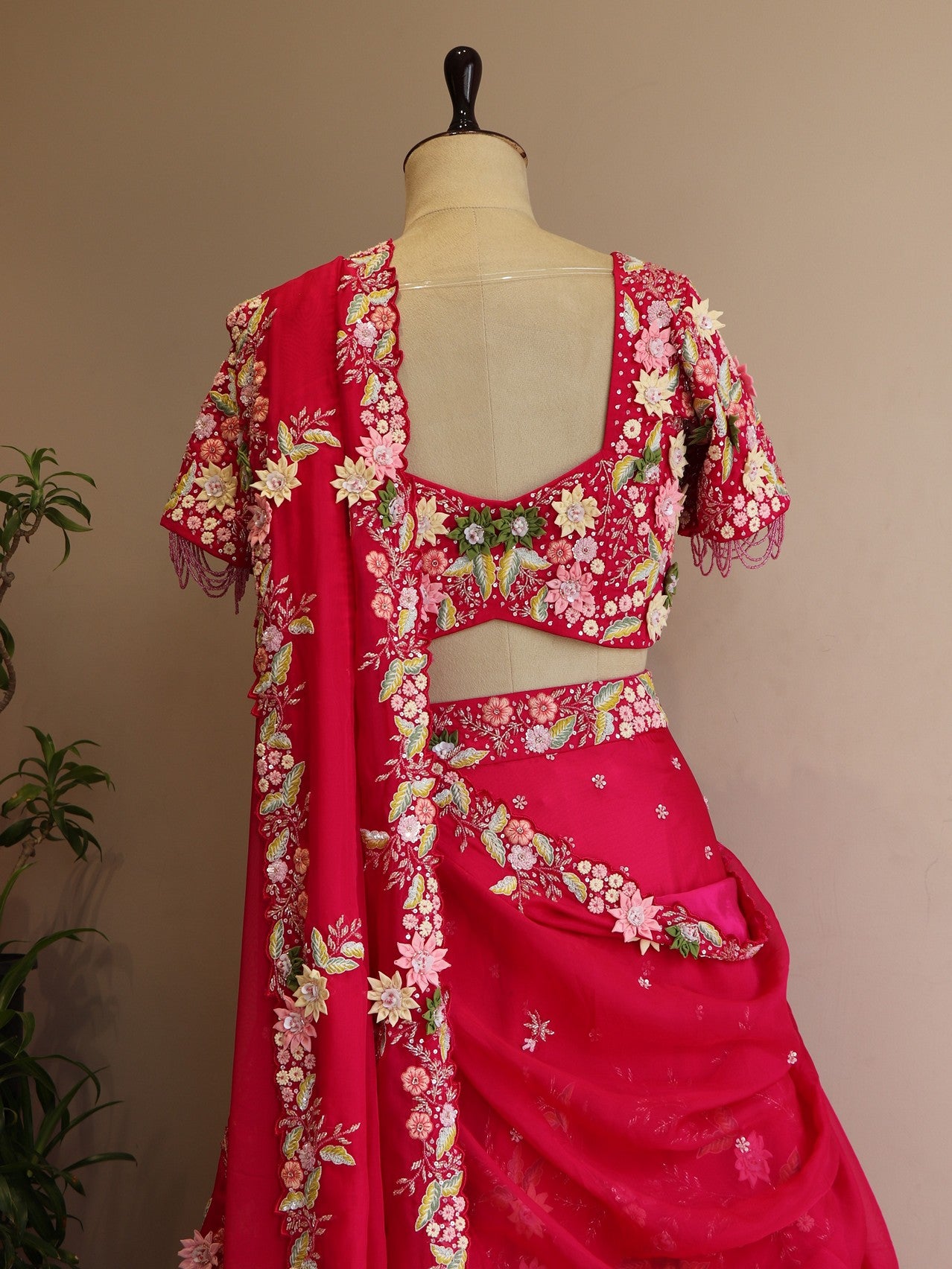 Hot pink 3d flowers embroidered lehenga set