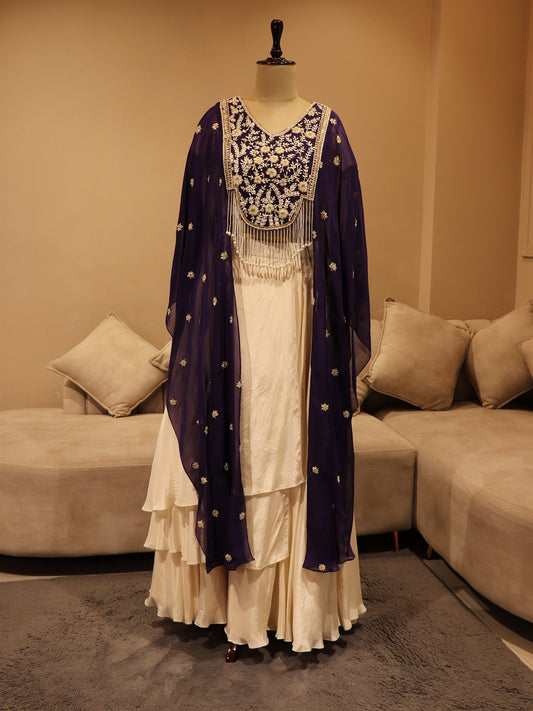 Purple white cape with crop top skirt