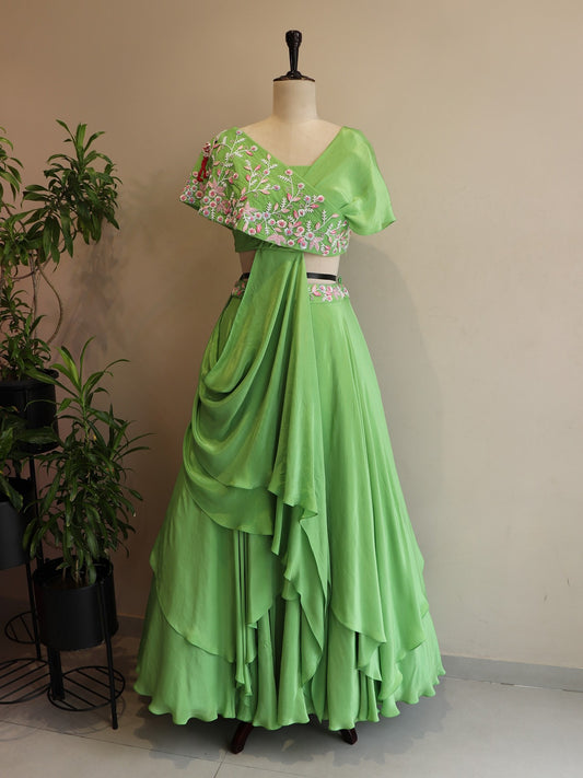 Apple green drape crop top with skirt
