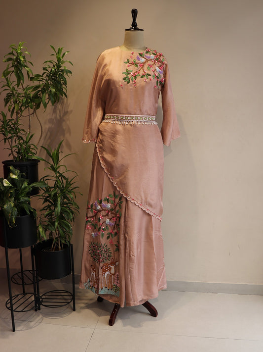 Beige Hand painted drape top with plazo