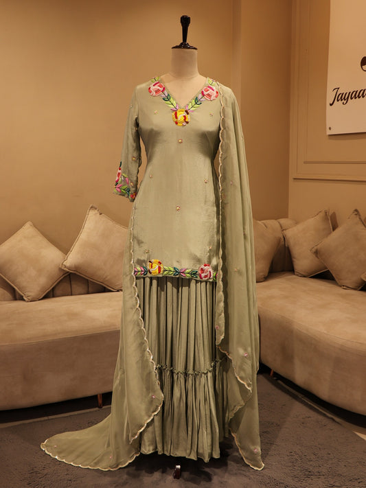 Pastel olive green kurta sharara skirt with duapatta