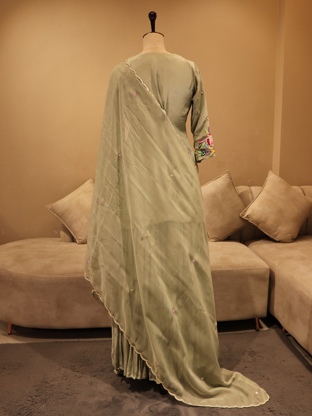 Pastel olive green kurta sharara skirt with duapatta