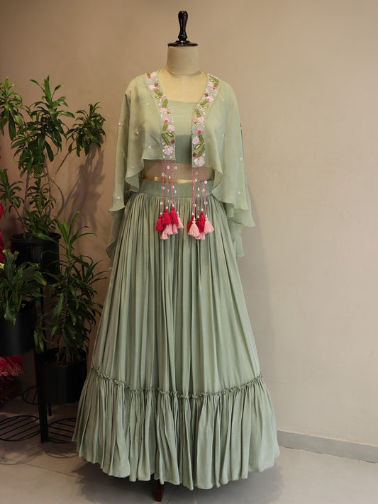 Pastel olive green crop top skirt cape