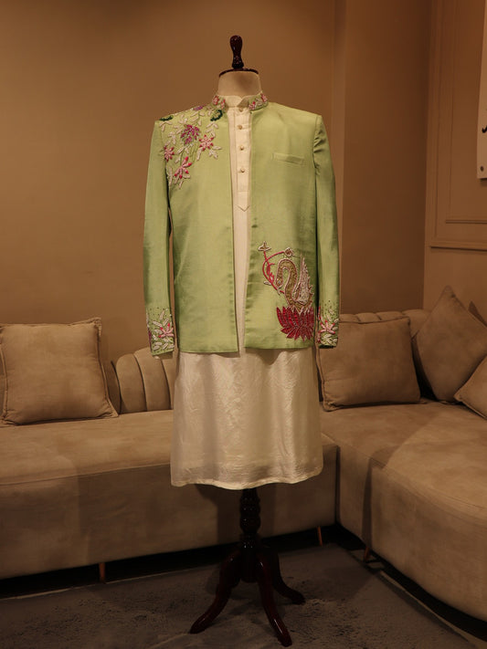 Mint green 3d flowers mens indo western set