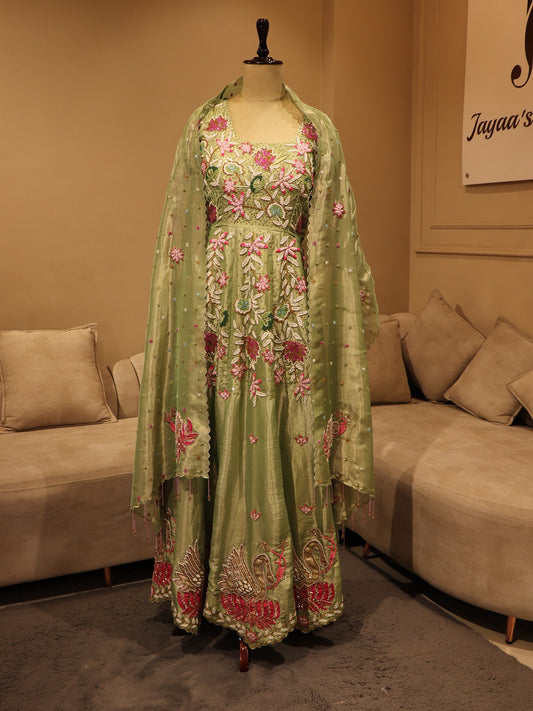 Mint green 3d flowers gown with cape dupatta