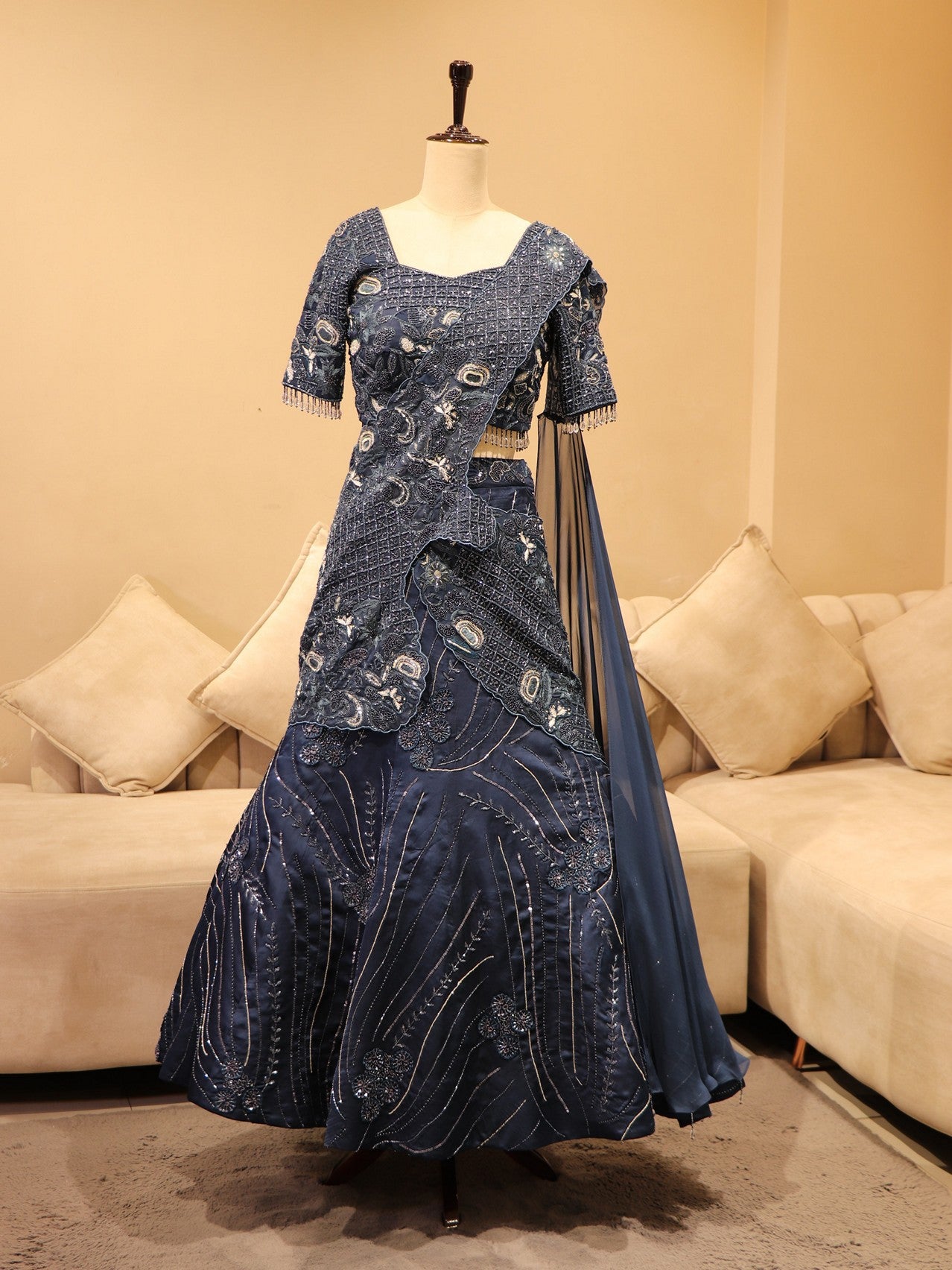 Navy blue embroidered lehenga set
