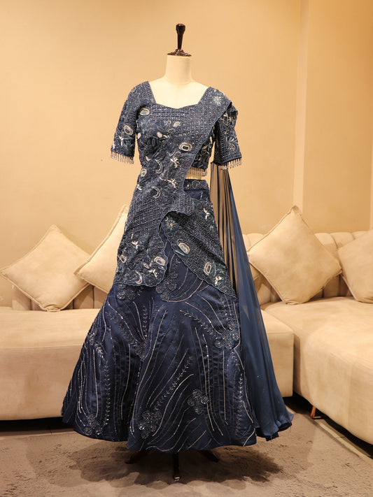 Navy blue embroidered lehenga set
