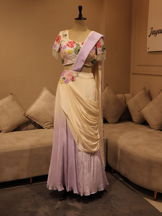 lilac off white shaded drape saree