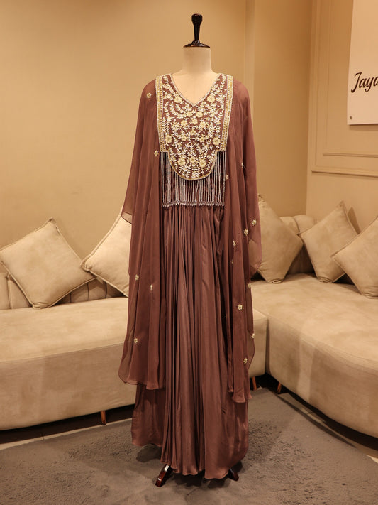 Mauve crop top cape with skirt