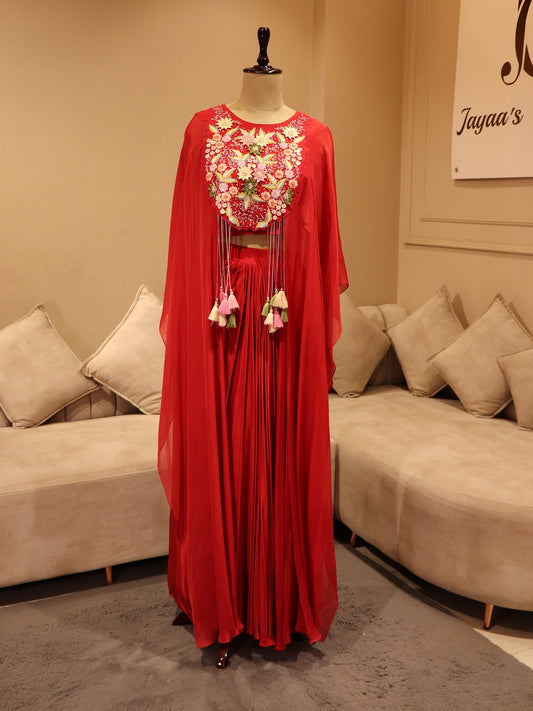 Hot red crop top cape with skirt