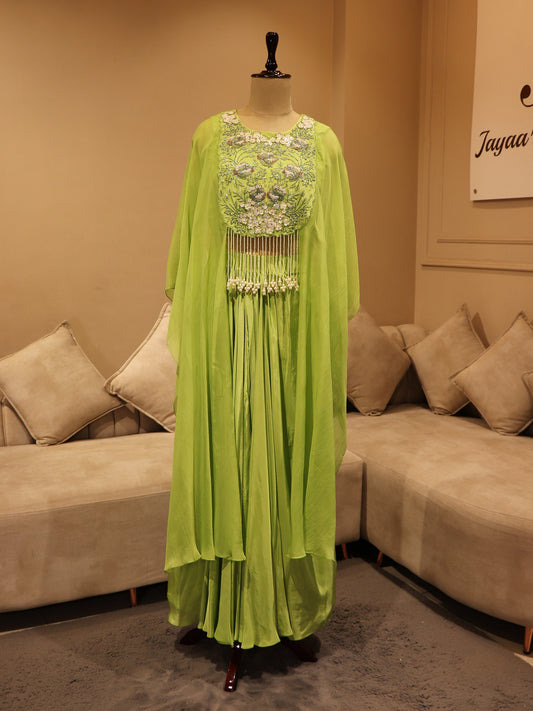 Parrot green crop top cape with skirt