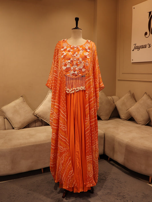 Rust orange Bandhej crop top skirt with cape