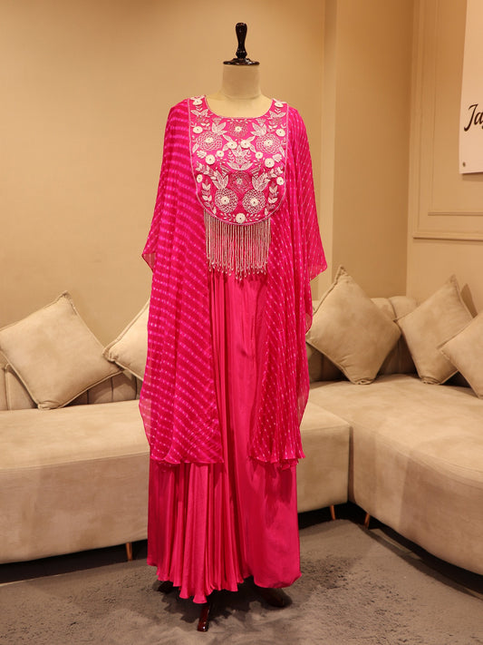 Fusia pink bandhej cape top with skirt