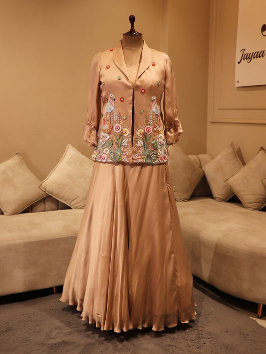 Peach flamingo peplum top with skirt