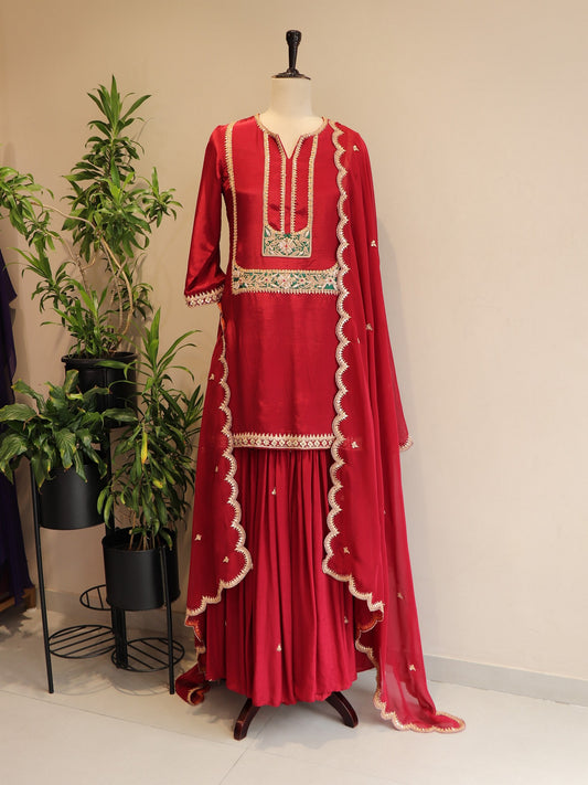 Deep maroon zardosi kurta sharara with dupatta