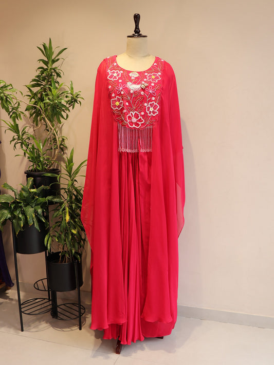 Tomato red cape top skirt set