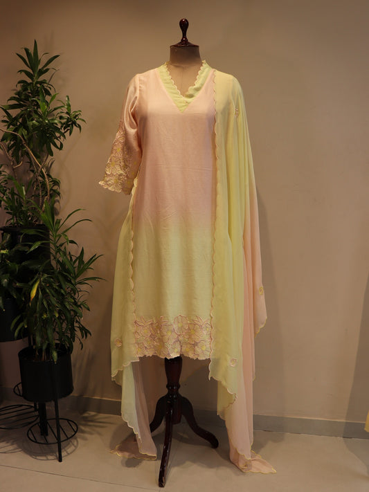 Blush pink green shaded applique  kurta pants with dupatta