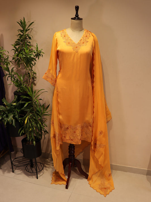 Orange applique kurta pants with dupatta