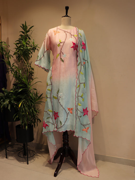 Pink blue shaded kurta pants with dupatta