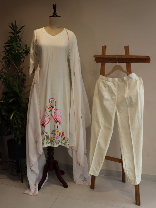 off white flamingo hand painted kurta pants with dupatta .