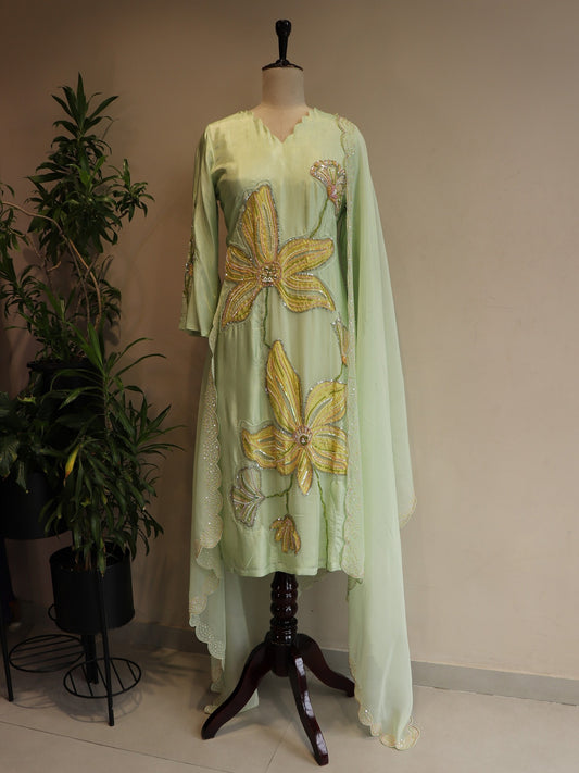 mint green applique kurta pants with dupatta