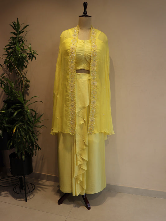 Lemon yellow cape with crop top drape skirt