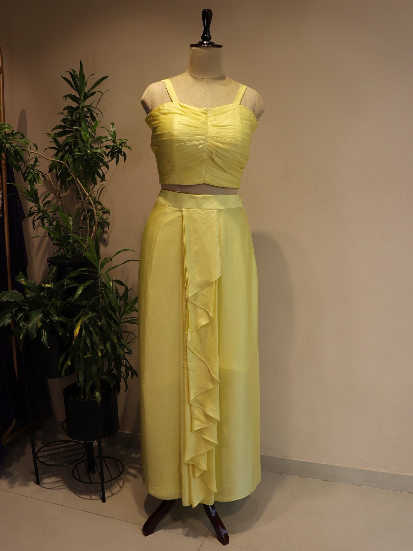 Lemon yellow cape with crop top drape skirt