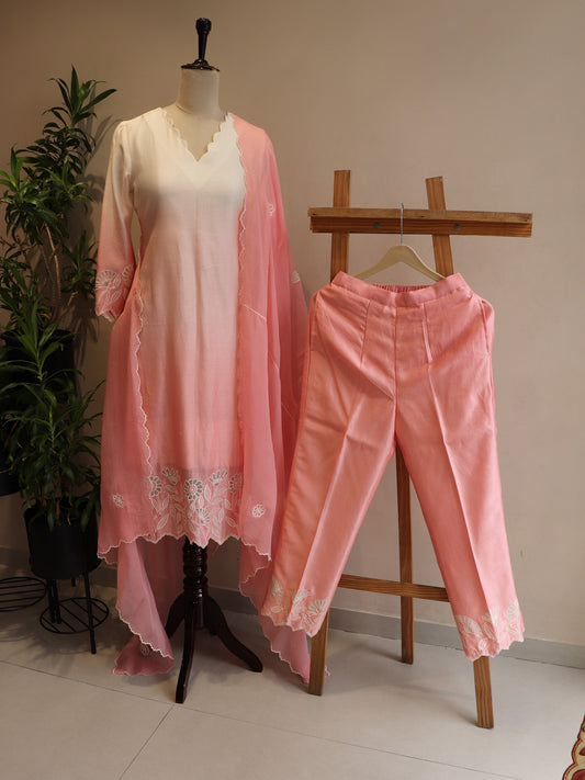 Blush pink shaded applique kurti with pants dupatta