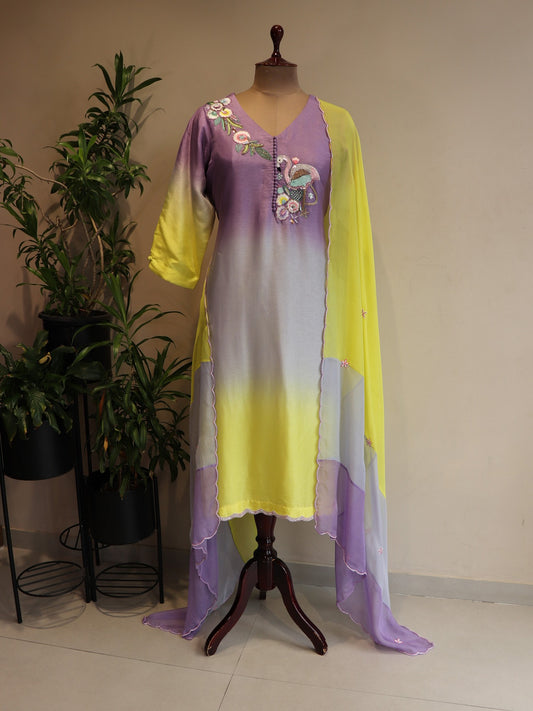 lavender lemon yellow shaded kurta pants dupatta