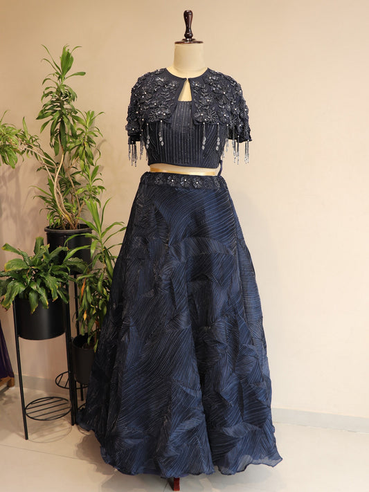 Navy blue crop top cape with skirt