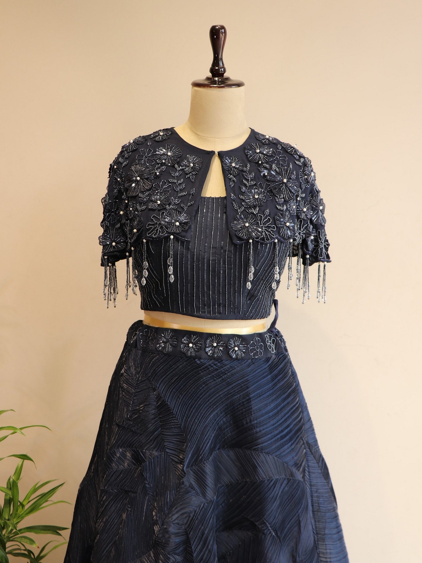 Navy blue crop top cape with skirt