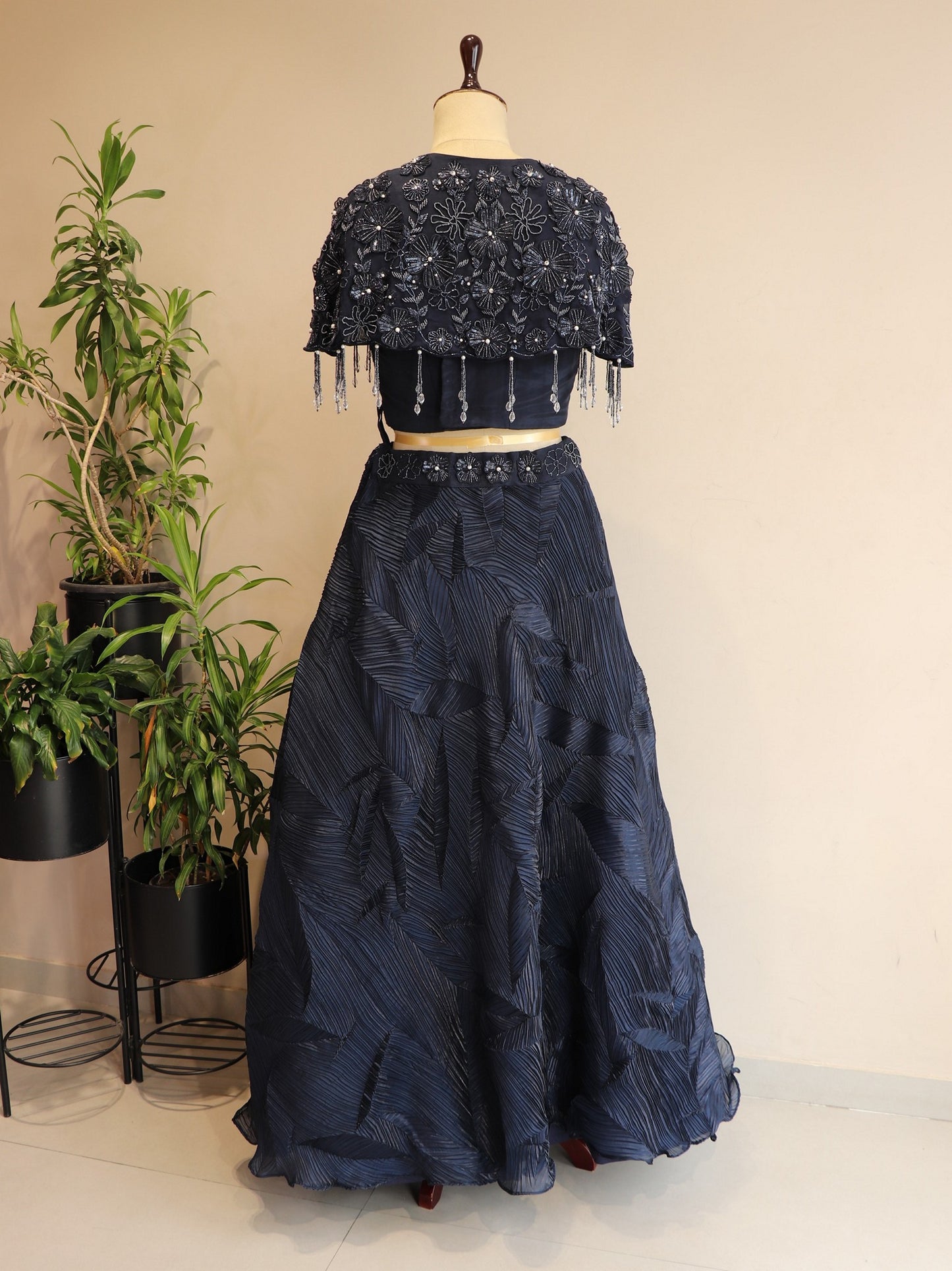 Navy blue crop top cape with skirt