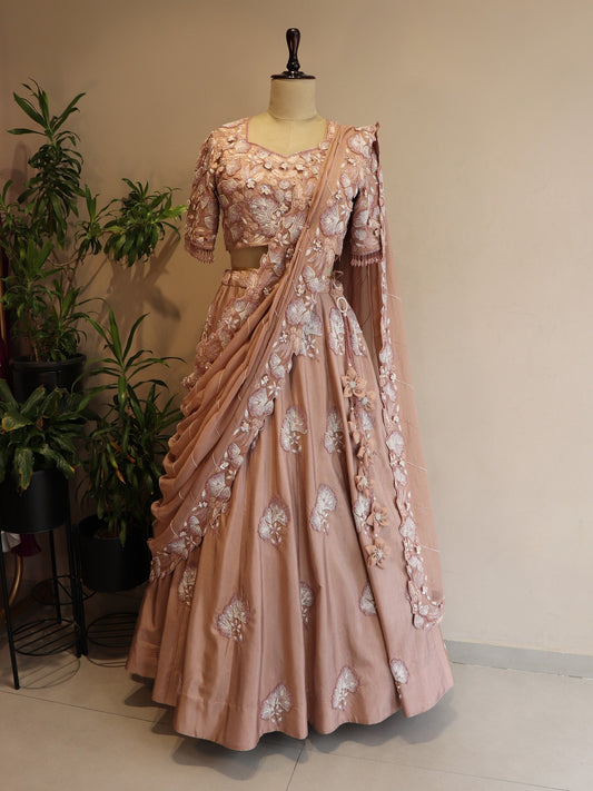 Beige rose gold 3d flowers lehenga