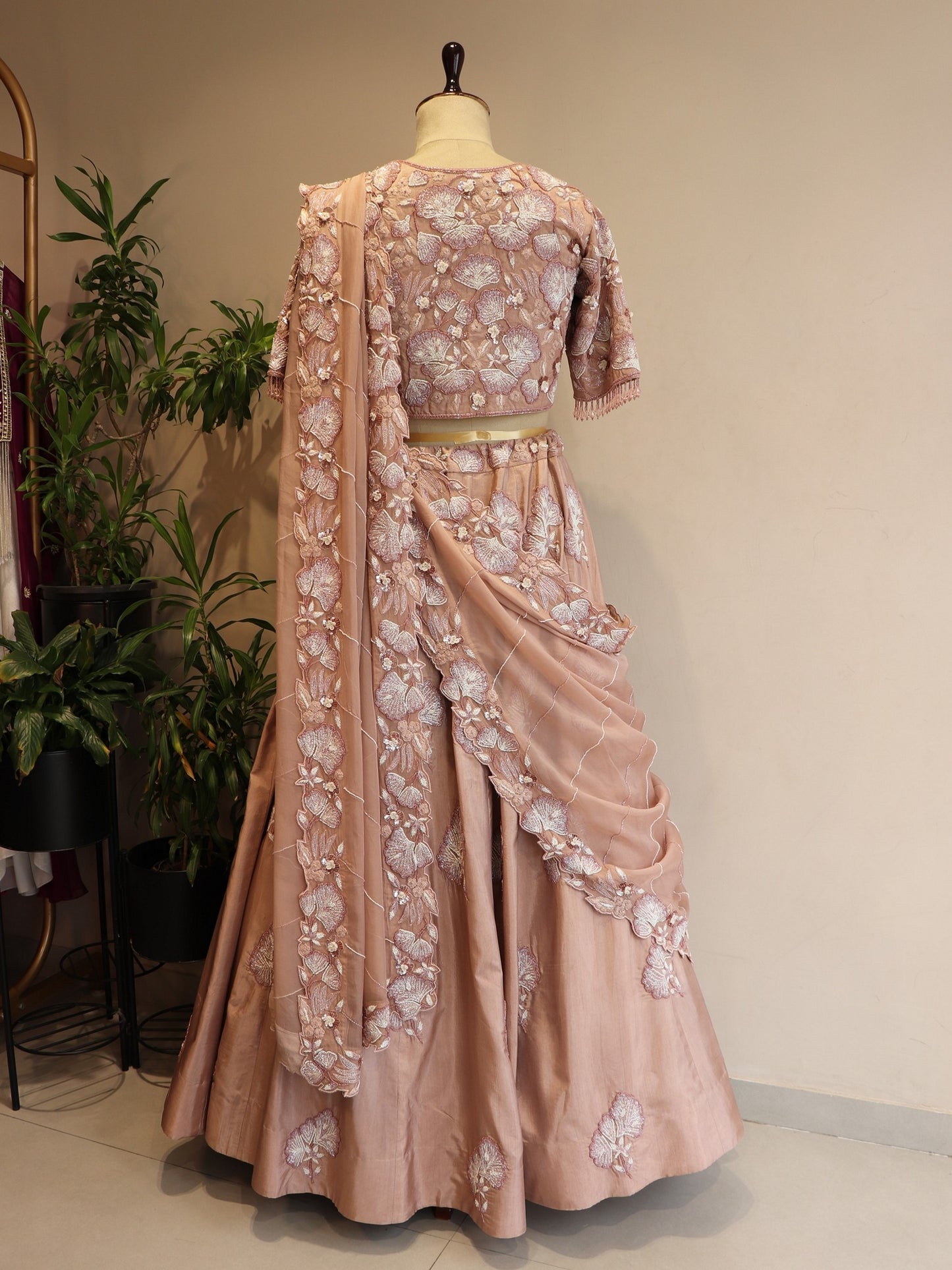 Beige rose gold 3d flowers lehenga