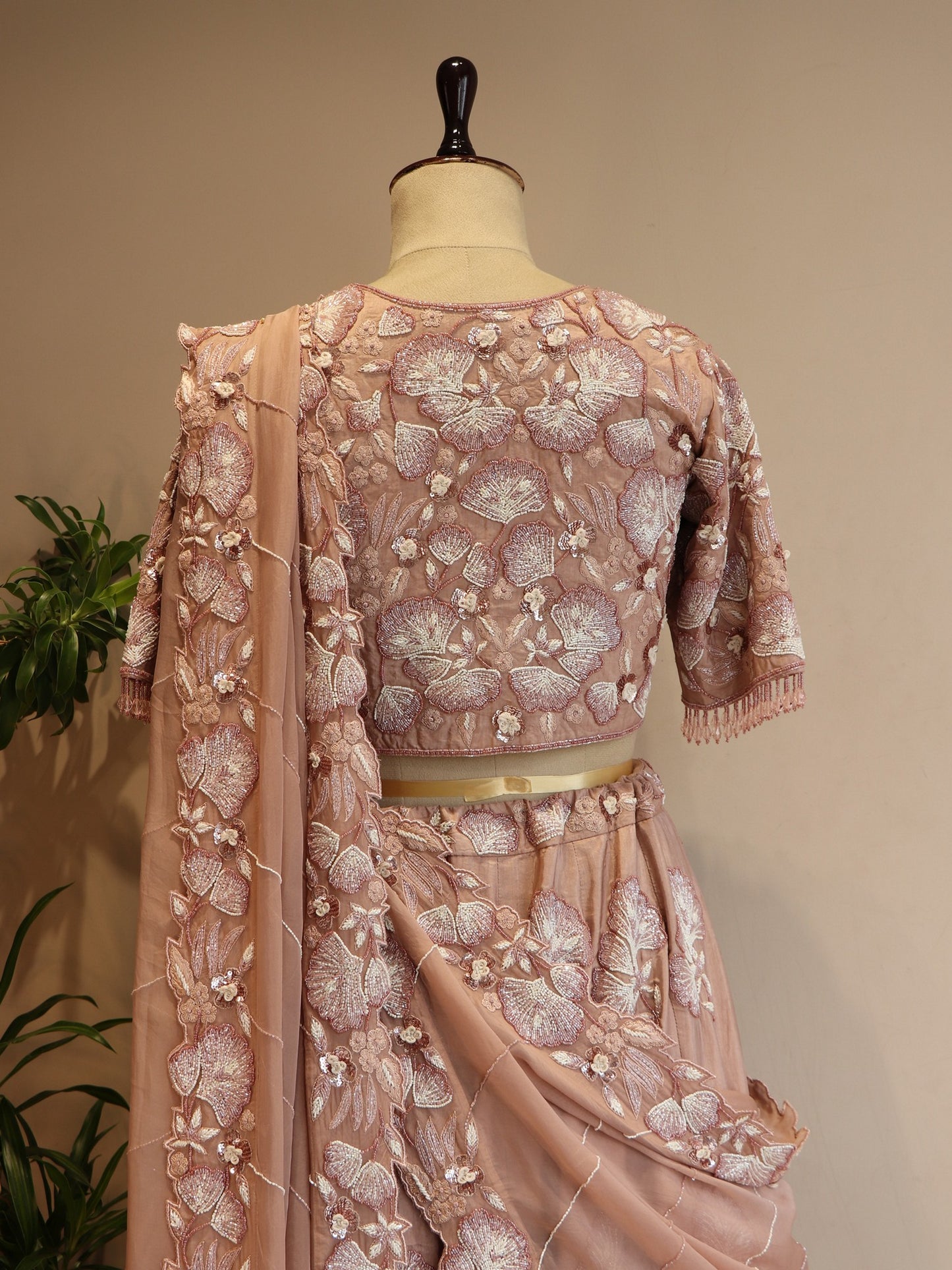 Beige rose gold 3d flowers lehenga